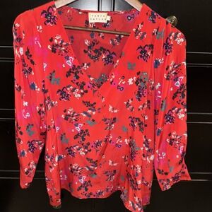Tanya Taylor Women's Red Silk V Neck 3/4 Sleeve Blouse Red Floral Sz 8